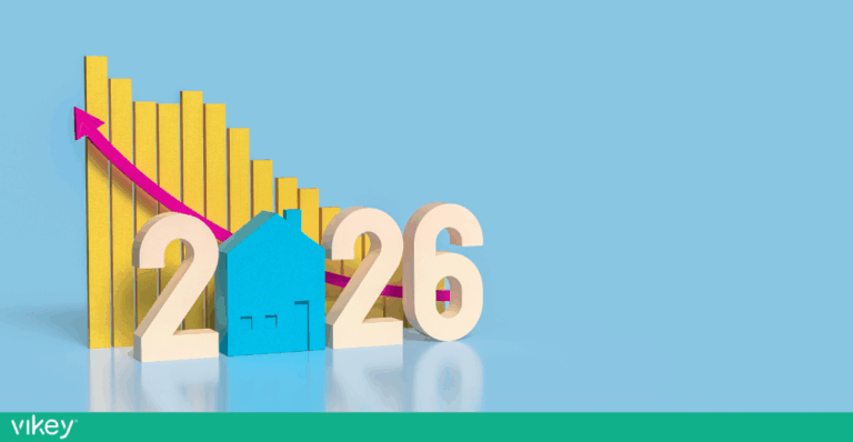 Grafico di tendenza e icona di una casa con la scritta 2026, simbolo dei trend del mercato degli affitti brevi.