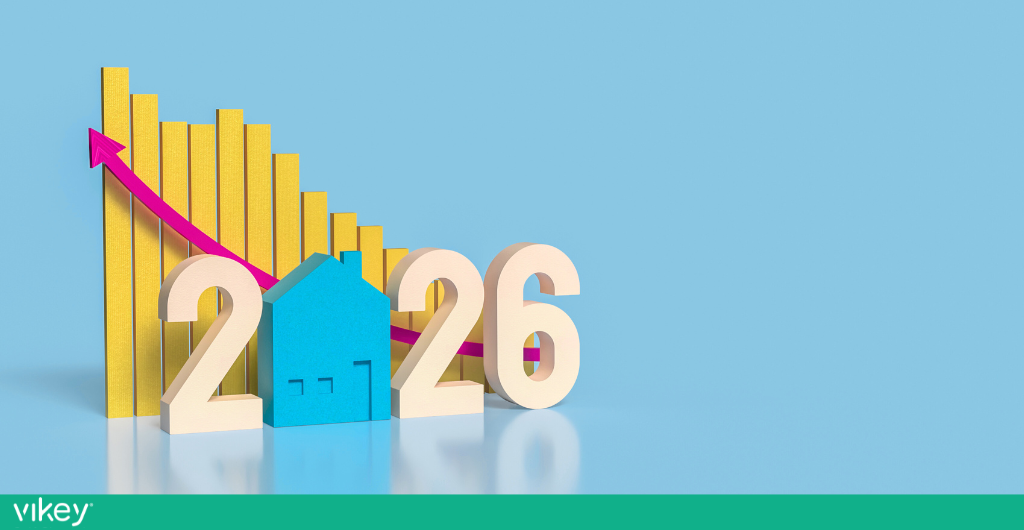 Grafico di tendenza e icona di una casa con la scritta 2026, simbolo dei trend del mercato degli affitti brevi.