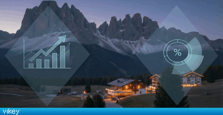 Panorama delle Dolomiti con hotel illuminati al tramonto e overlay grafici che rappresentano crescita del turismo e tasso di saturazione delle strutture ricettive in Italia.