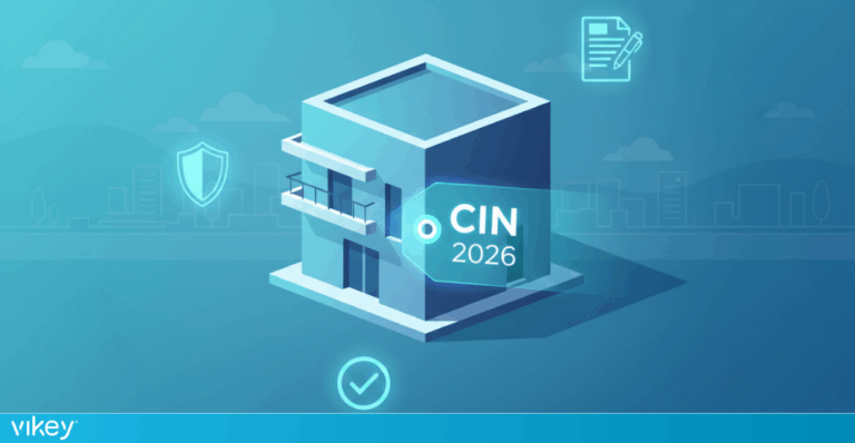 Illustrazione di un edificio con icona CIN 2026, simboli di sicurezza e documentazione, rappresentazione delle nuove regole affitti brevi.