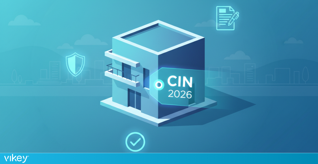Illustrazione di un edificio con icona CIN 2026, simboli di sicurezza e documentazione, rappresentazione delle nuove regole affitti brevi.