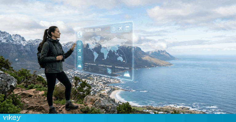 Viaggiatrice osserva un panorama costiero mentre utilizza un’interfaccia digitale per pianificare viaggi, rappresentazione dei trend di viaggio e del turismo tecnologico nel 2026