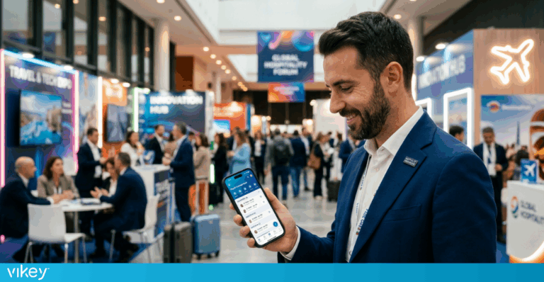 Property manager in una fiera del turismo mentre utilizza uno smartphone in un ambiente fieristico moderno con persone che fanno networking.