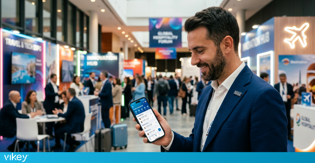 Property manager in una fiera del turismo mentre utilizza uno smartphone in un ambiente fieristico moderno con persone che fanno networking.