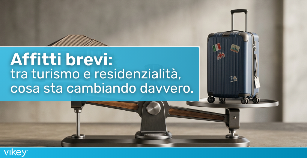 Bilancia con casa e valigia che rappresentano l’equilibrio tra affitti brevi, turismo e residenzialità