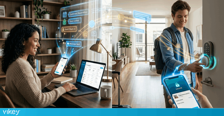 Host gestisce un affitto breve da remoto tramite smartphone, dashboard digitale e smart lock con self check-in automatizzato.