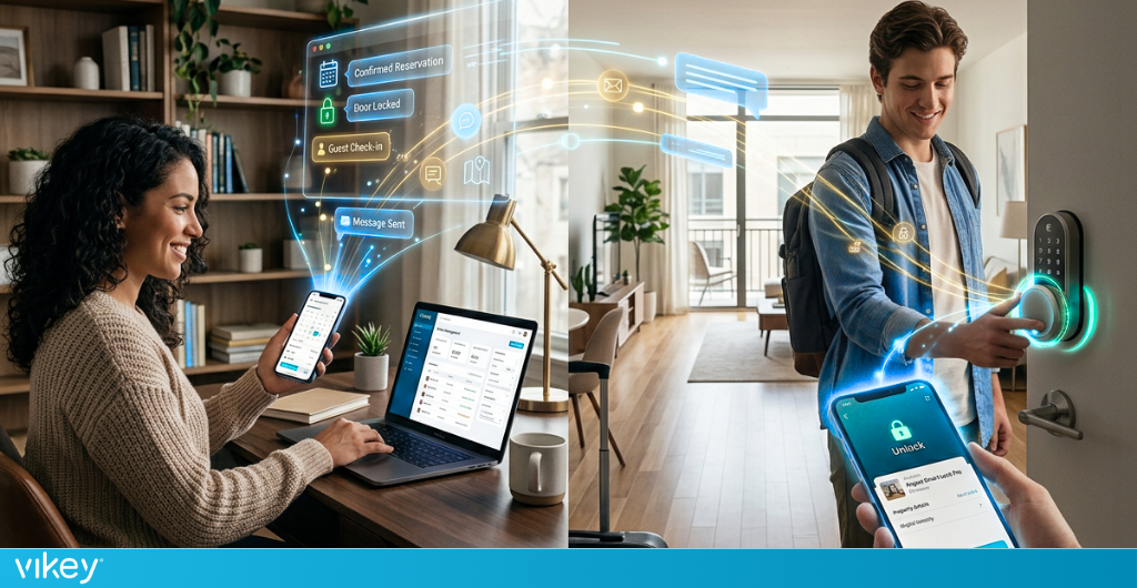 Host gestisce un affitto breve da remoto tramite smartphone, dashboard digitale e smart lock con self check-in automatizzato.