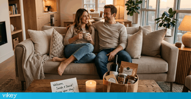 Coppia rilassata in una moderna casa vacanza dopo un arrivo senza stress, con welcome kit personalizzato e atmosfera accogliente.