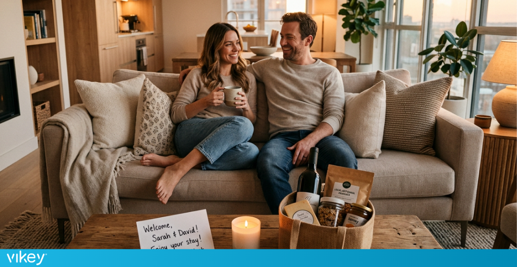 Coppia rilassata in una moderna casa vacanza dopo un arrivo senza stress, con welcome kit personalizzato e atmosfera accogliente.